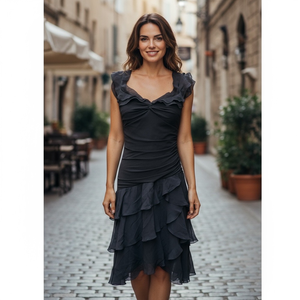 ❤️ BCBGMaxAzria Black Silk Blend Ruffle Evening Gown